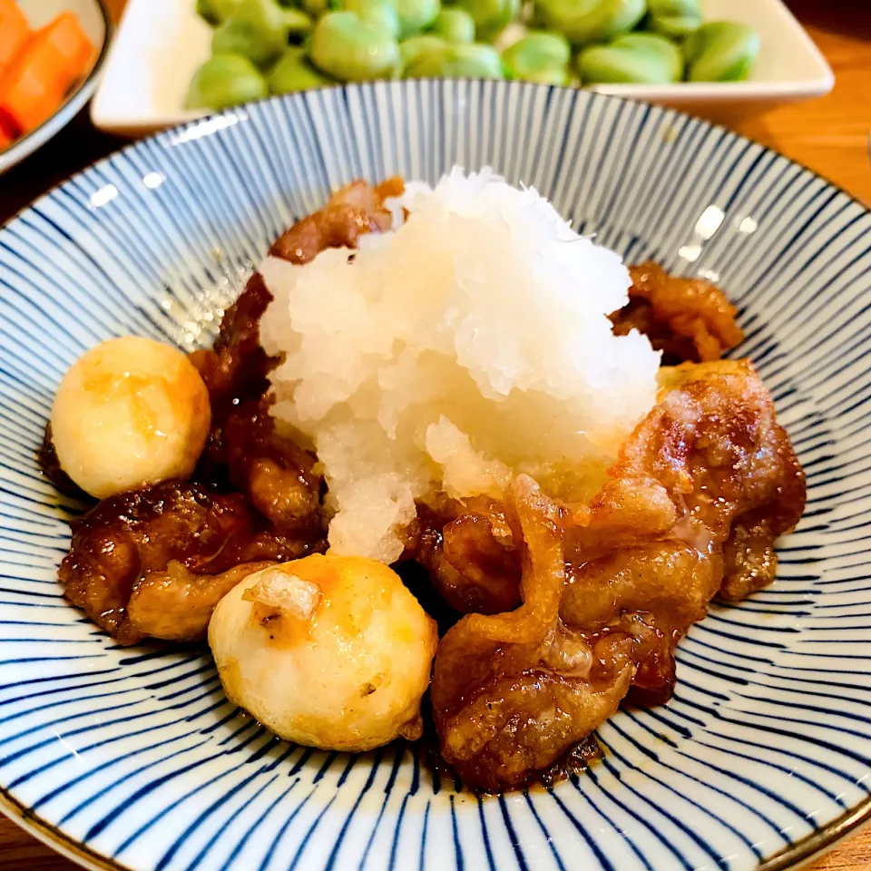 豚唐揚げとうずらの甘辛おろし|いちごさん