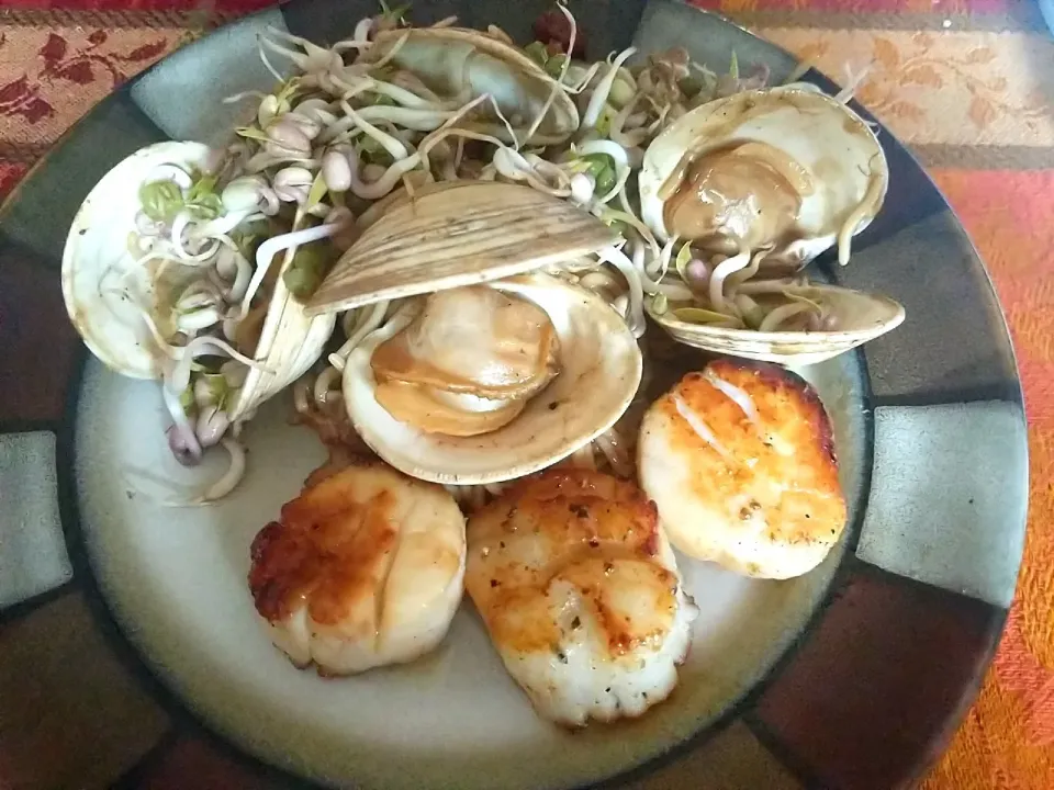 Snapdishの料理写真:Scallops and clams with ramen noodles and mung Bean sprouts.|dgodekさん