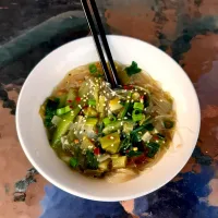 Ginger and bok choy soup with rice noodles.|Tie-ganさん