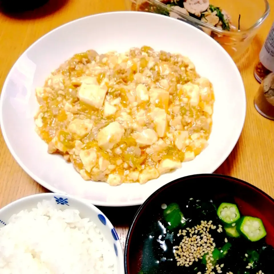 豚こま麻婆豆腐 オクラのスープ|いちみさん