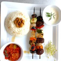 Snapdishの料理写真:Meatball Vegetables sticks, Almond-Buttered Rice, Tomato-Paprika Pickle Salad, Tartar Dipping Sauce|Lanaさん