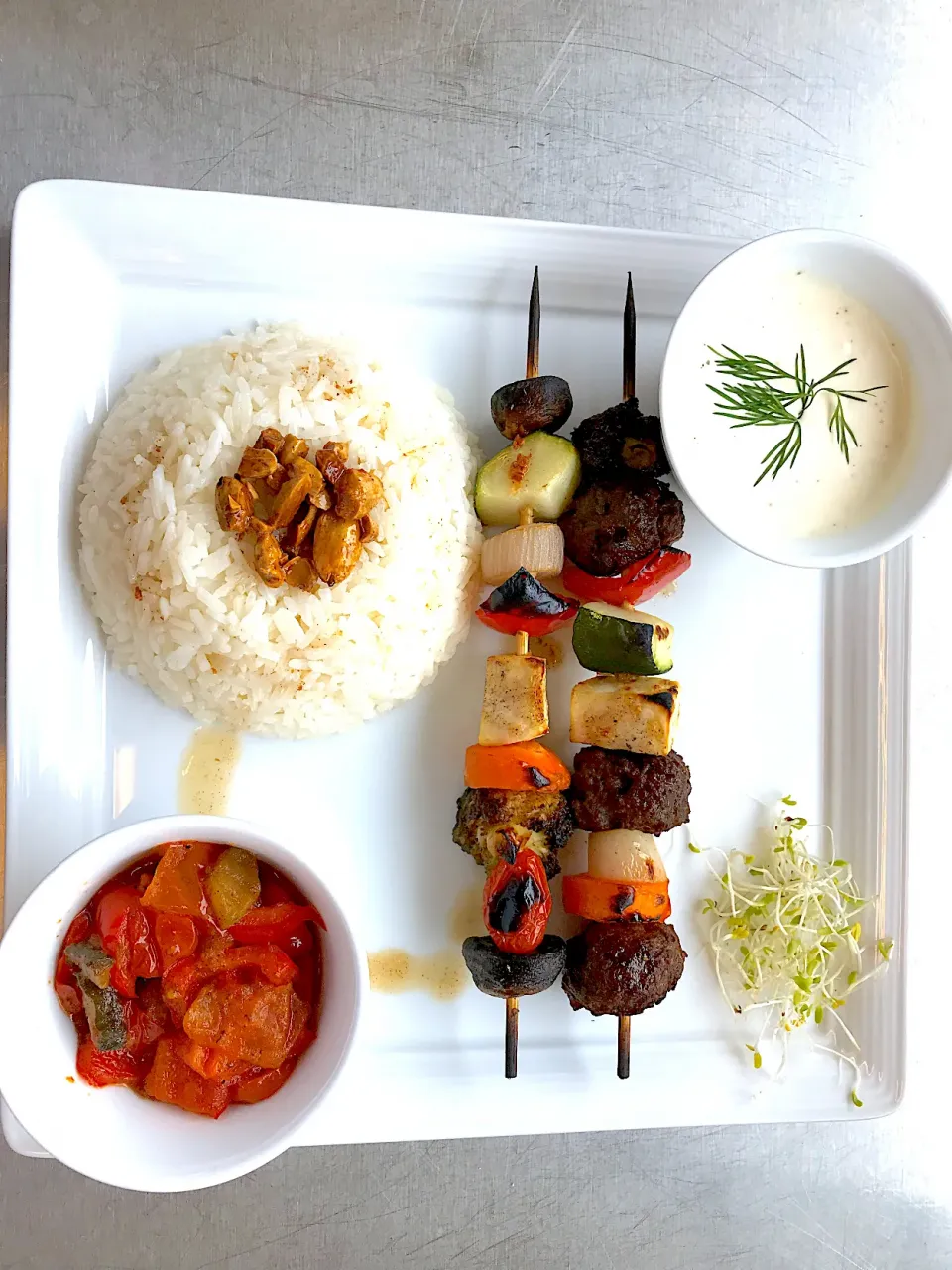 Snapdishの料理写真:Meatball Vegetables sticks, Almond-Buttered Rice, Tomato-Paprika Pickle Salad, Tartar Dipping Sauce|Lanaさん