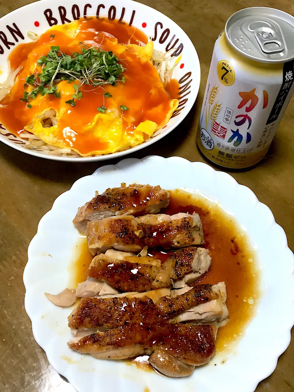 鶏モモ肉照り焼き、もやしと玉子あんかけ💖|Norio Fukudaさん