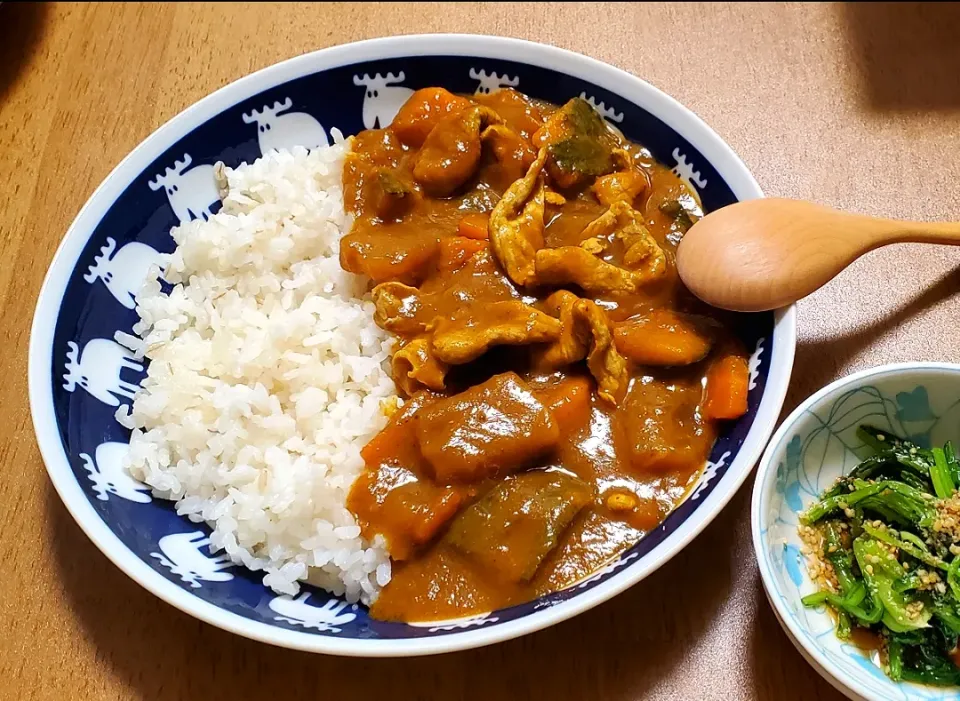 Snapdishの料理写真:カレーとほうれん草のごま和え|ナナさん