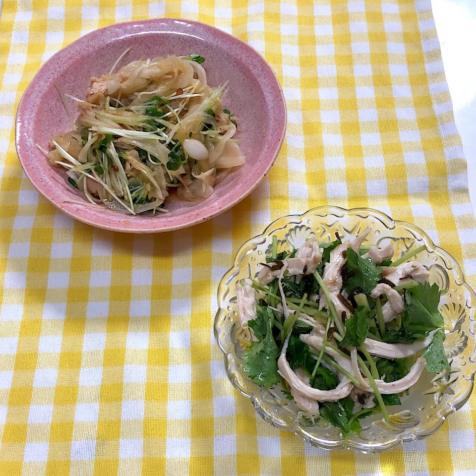 ツナと玉ねぎのサラダ　　鶏むね肉と三つ葉の塩昆布和え|りっつさん