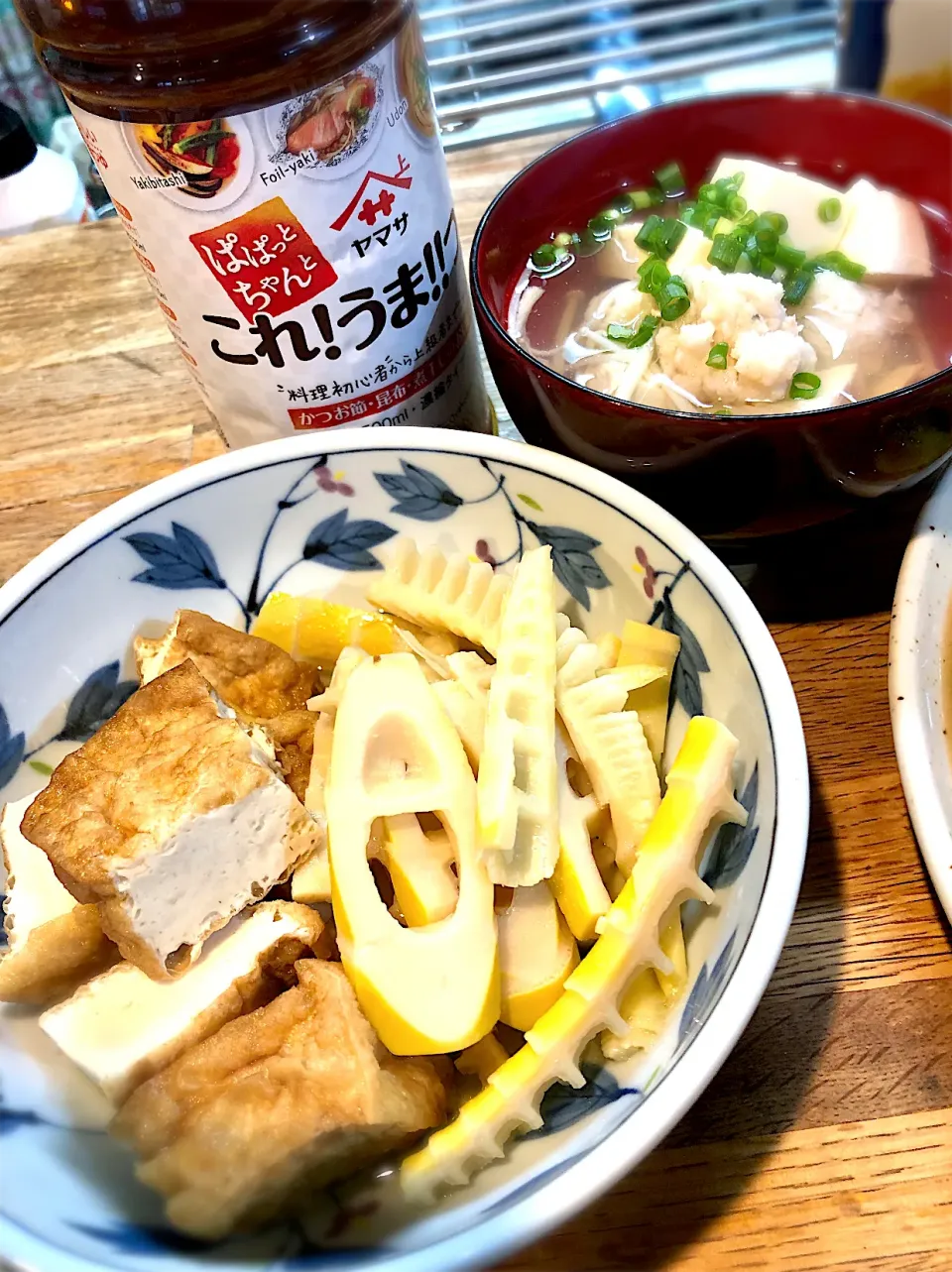 Snapdishの料理写真:自分で収穫した“破竹”の煮物　　　　　　エソすり身のすまし汁|じゅんさんさん