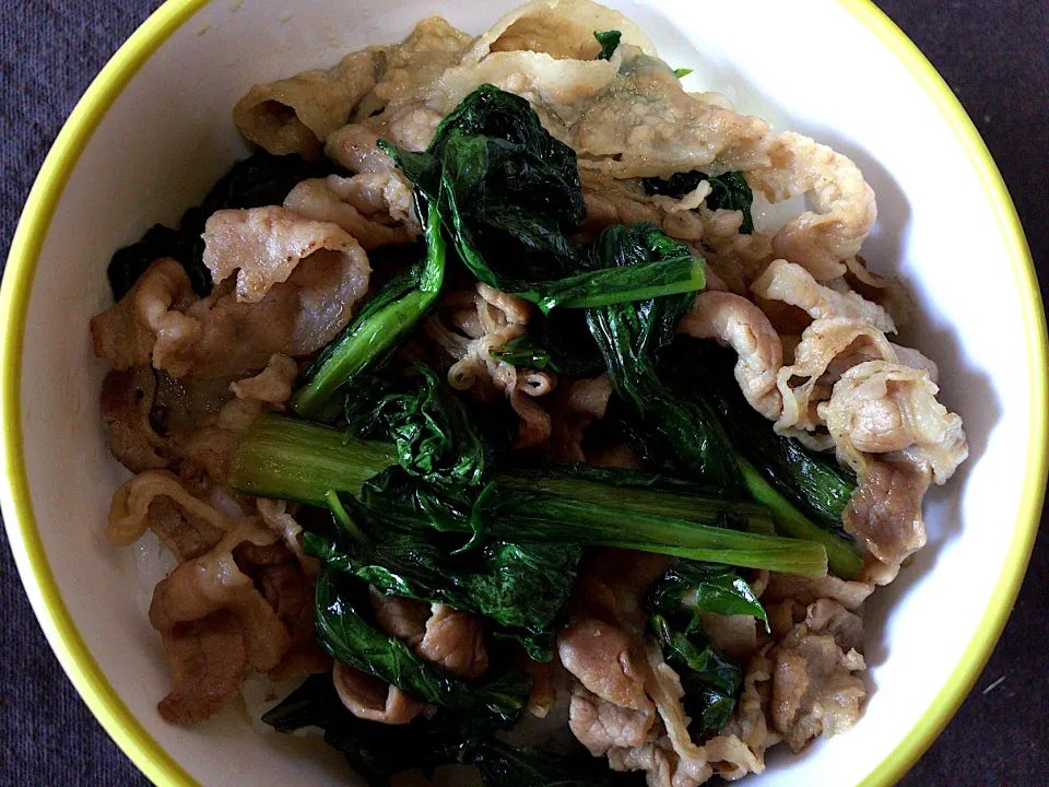 豚肉小松菜炒め丼|ばーさんさん