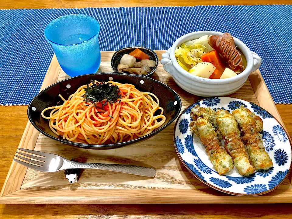 明太バターパスタ🍝ちくわの磯辺揚げ🌿ポトフ🥕|みなみさん