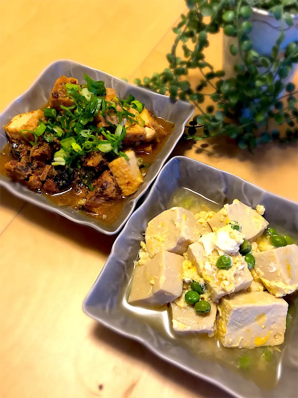 サバ缶と厚揚げの味噌煮込み　ウスイエンドウと高野豆腐の卵とじ|エトフさん