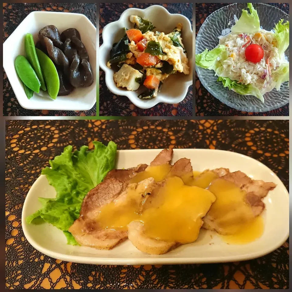 Snapdishの料理写真:☆ローストポーク
☆高野煮
☆ピリ辛コンニャク&スナップエンドウ
☆サラダ|chikakoさん