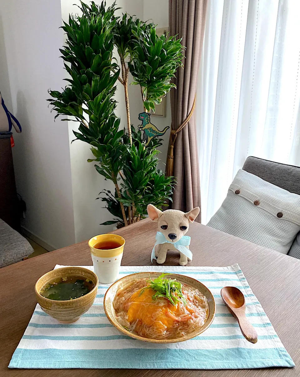 天津飯、わかめ春雨スープ、ビール|pentarouさん