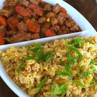 Snapdishの料理写真:Pork Afritada & Java Rice With Mango in Crab and Shrimp Paste|Joy Loniniaさん