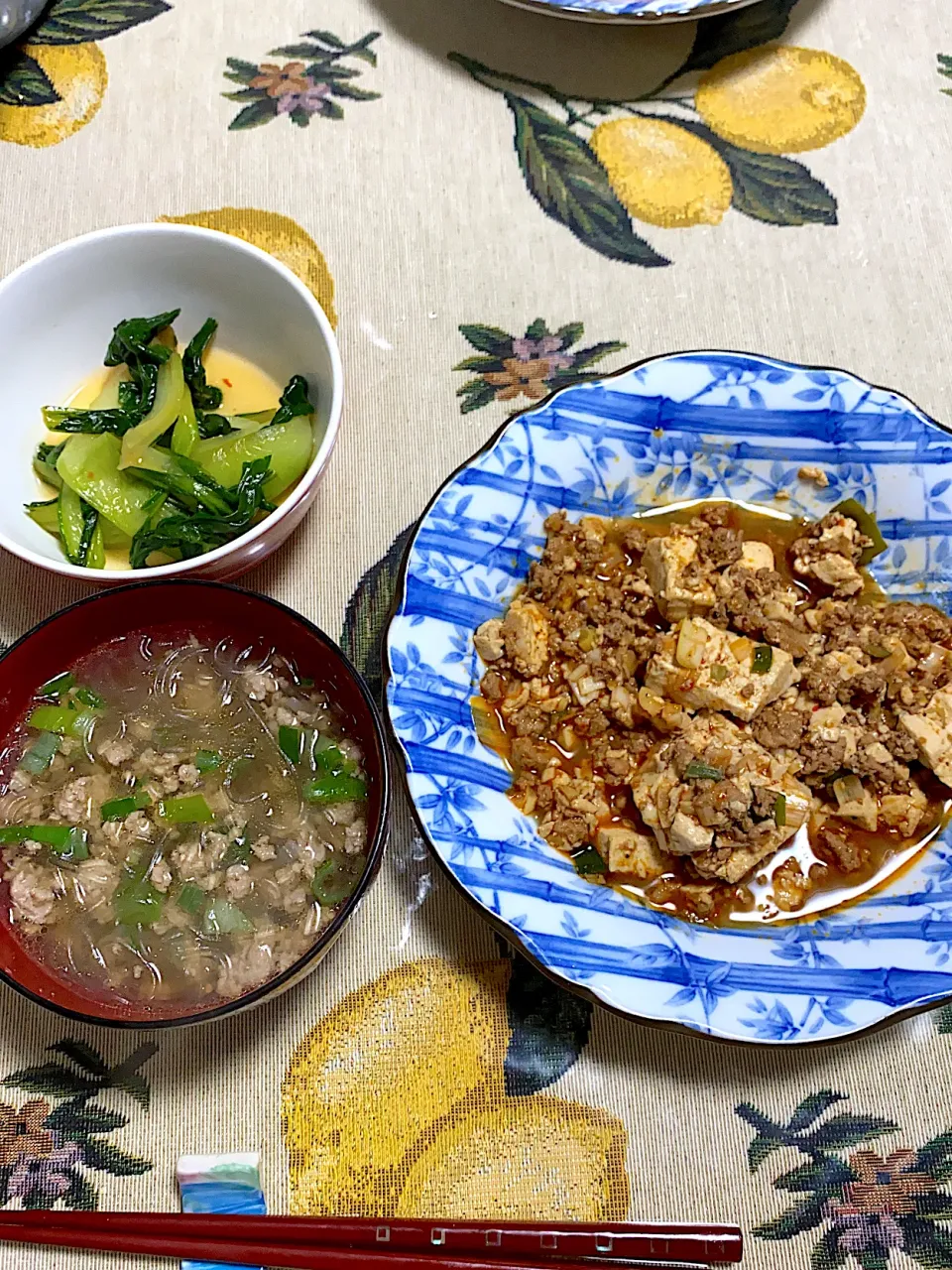 麻婆豆腐　春雨スープ　青梗菜のお浸し|Sawaさん