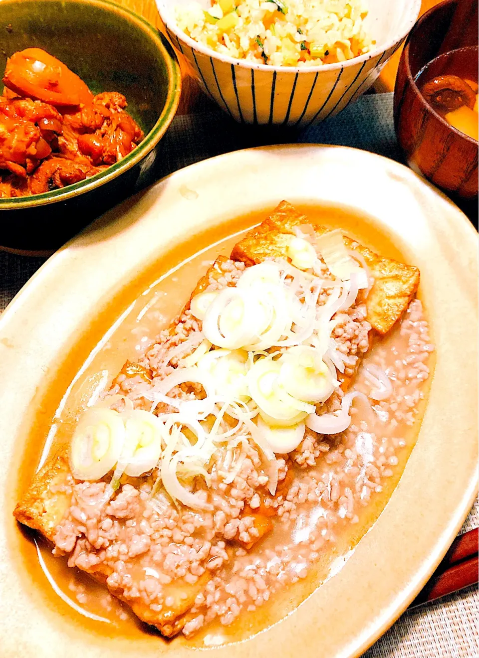 厚揚げの鷄そぼろがけ&手羽元の煮込み😋|けんちんさん