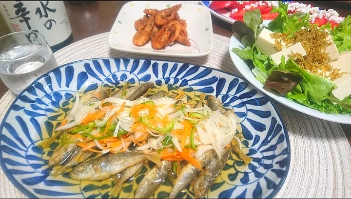 豆あじ🐟南蛮漬け
  海老🦐唐揚げ
  豆腐サラダ|びせんさん