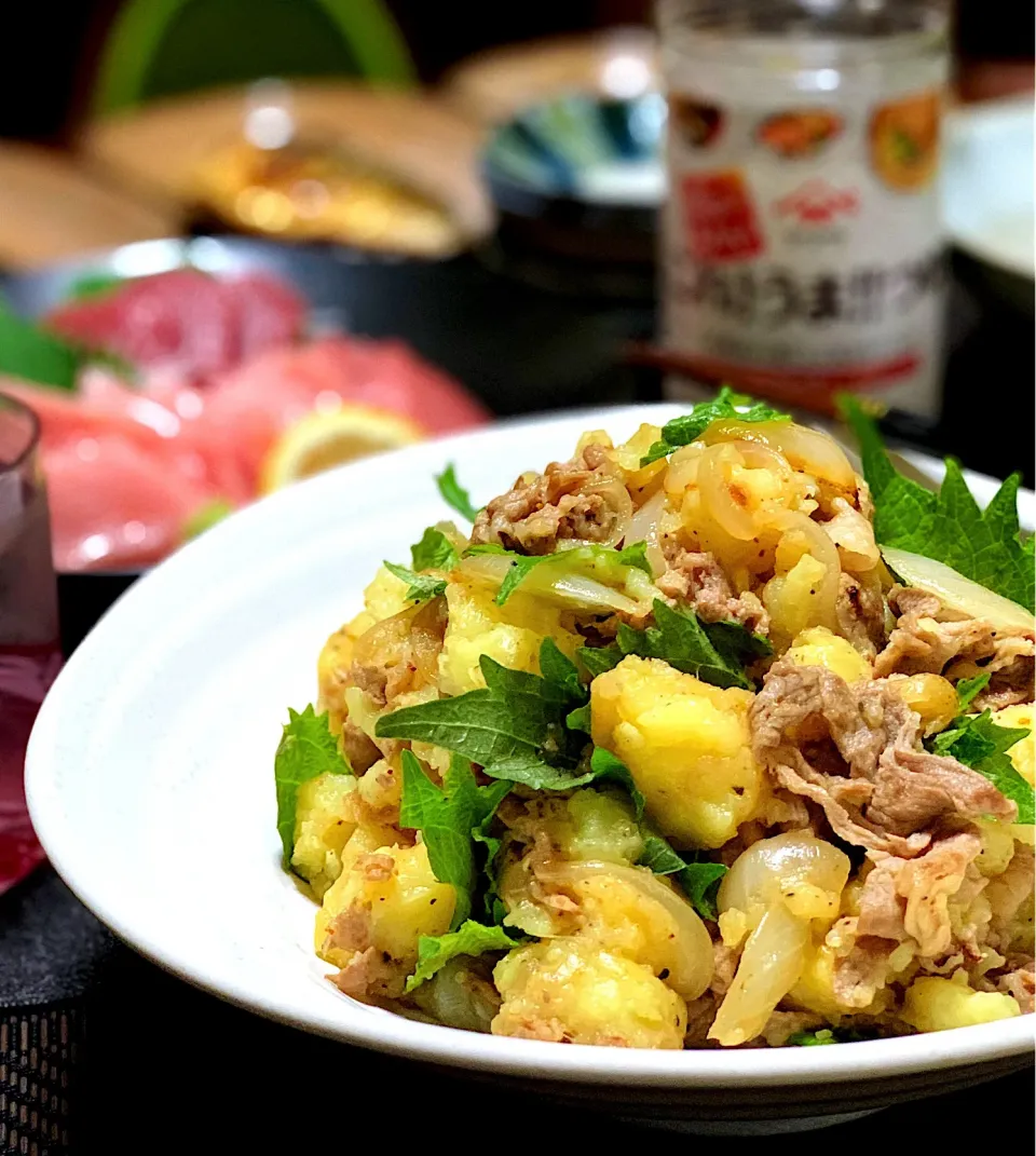 豚しゃぶ肉の
これうまつゆ炒めの
和風ポテトサラダ|七味さん