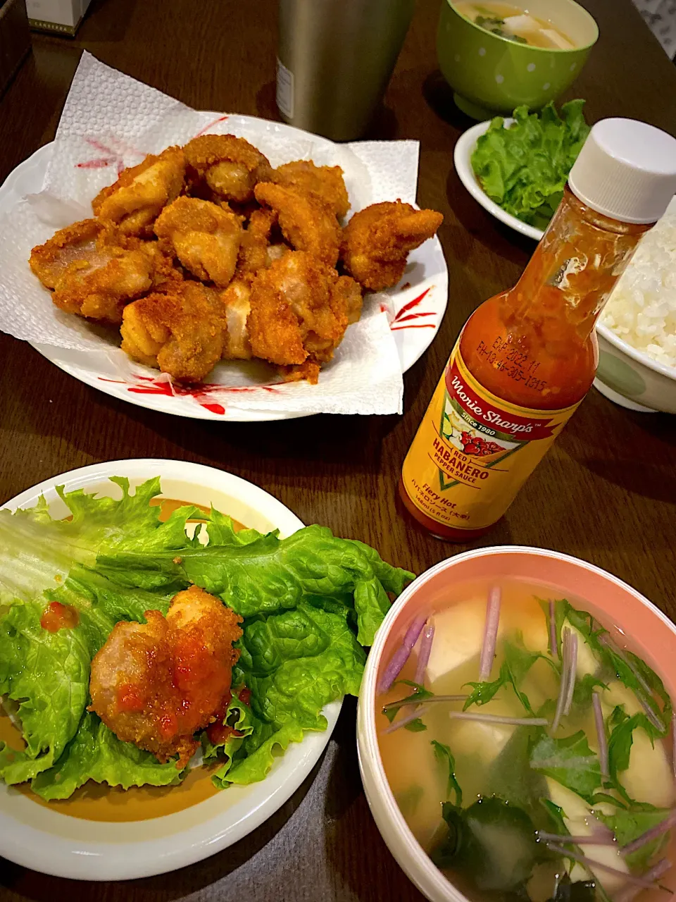 鶏の唐揚げ　豆腐とワカメ水菜のお味噌汁|ch＊K*∀o(^^*)♪さん