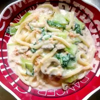 チンゲン菜とマッシュルームの鮭クリームうどん|Saorinさん