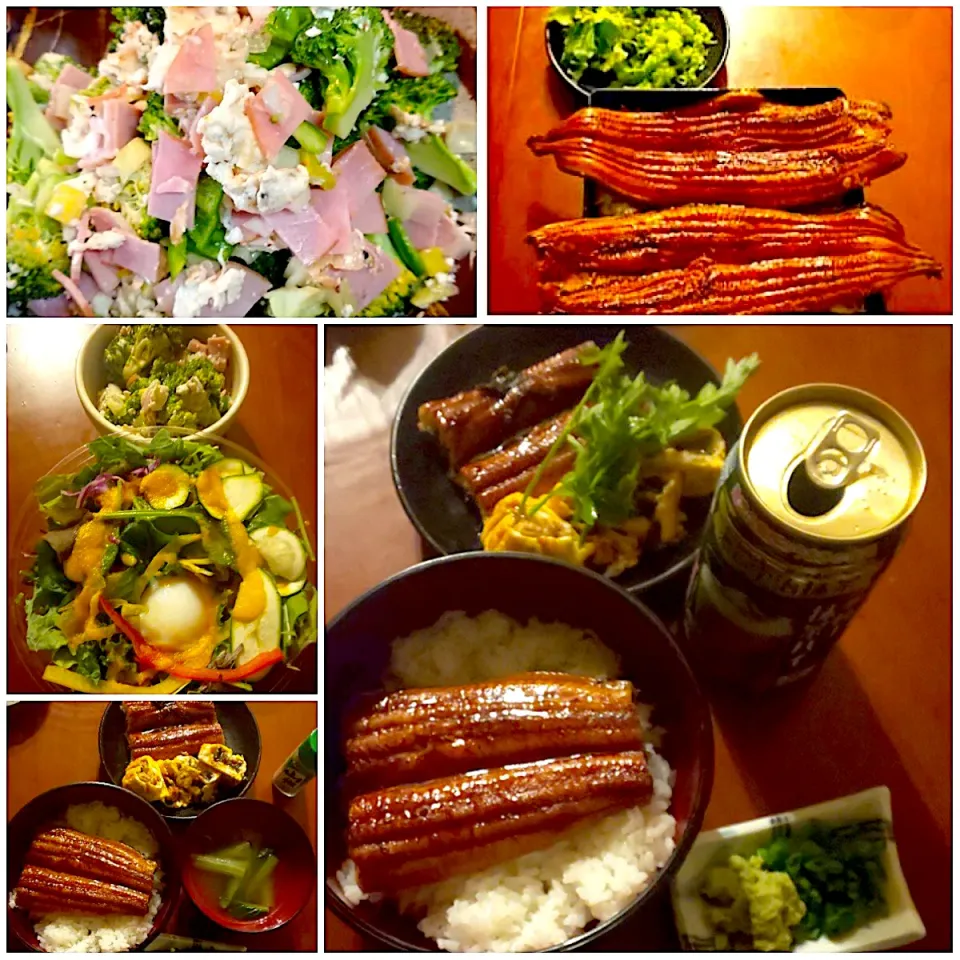 Today's dinner🍴Unadon(Bowl of eel&rice)❗️お野菜たっぷりｻﾗﾀﾞ･ﾌﾞﾛｯｺﾘｰとﾊﾑの卵白和え･鰻丼&鰻巻きw/芹･小松菜のお吸い物|🌈Ami🍻さん