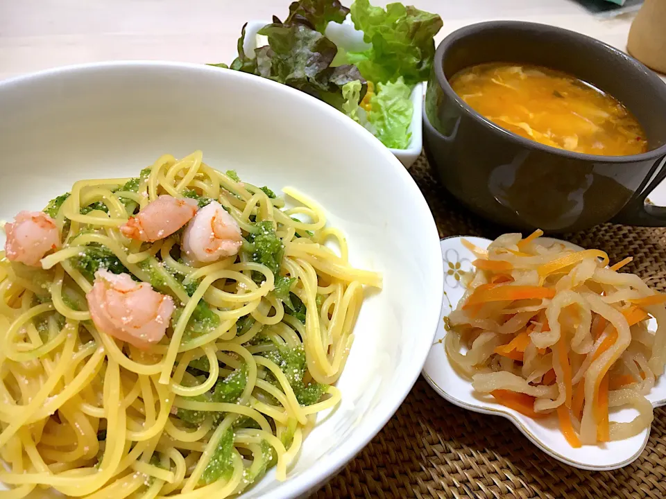 Snapdishの料理写真:あおさと明太子のパスタ&キムチスープ|マム🌹Japanese momさん