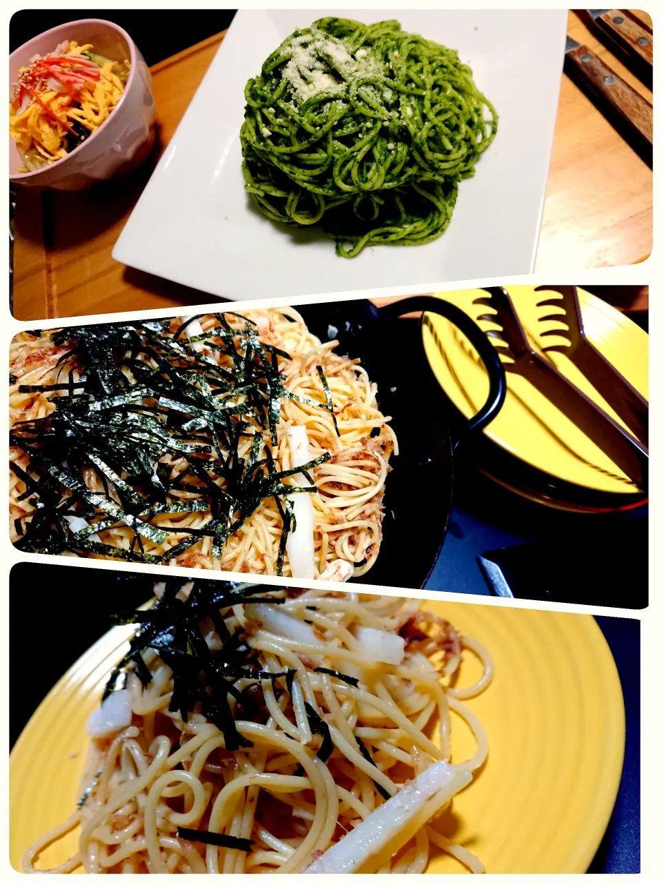 Snapdishの料理写真:ほうれん草のジェノベーゼ風パスタ☆長芋とおかかの和風パスタ☆冷やし中華風麺なしサラダ|sanaさん