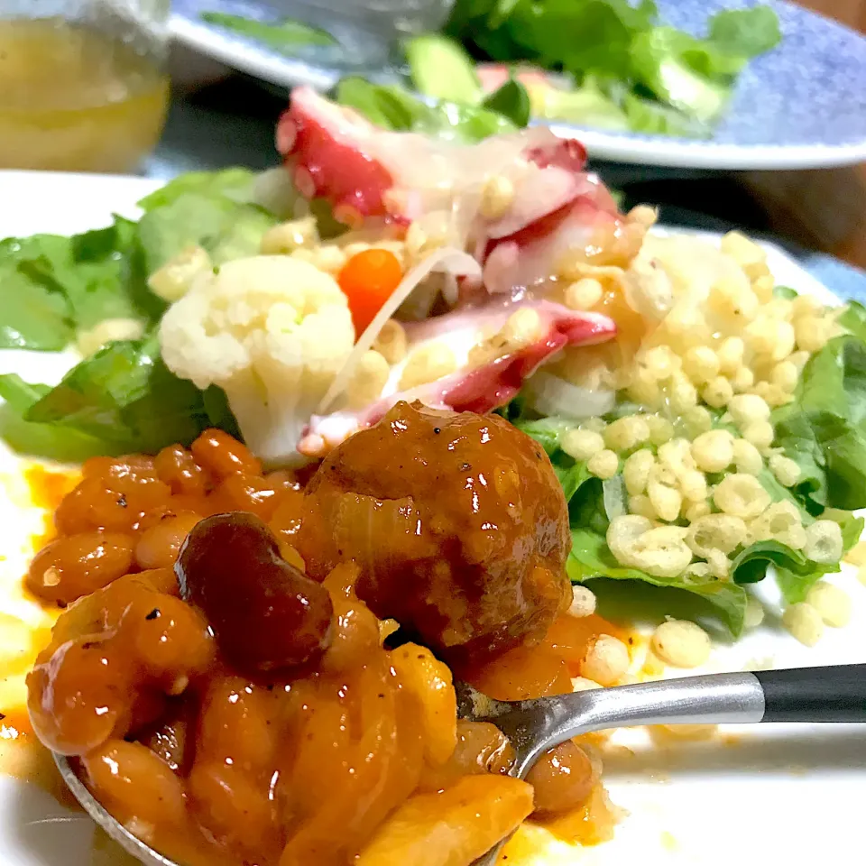 ミートボールビーンズとタコのボリュームサラダ🐙🥗ワンディシュ|シュトママさん