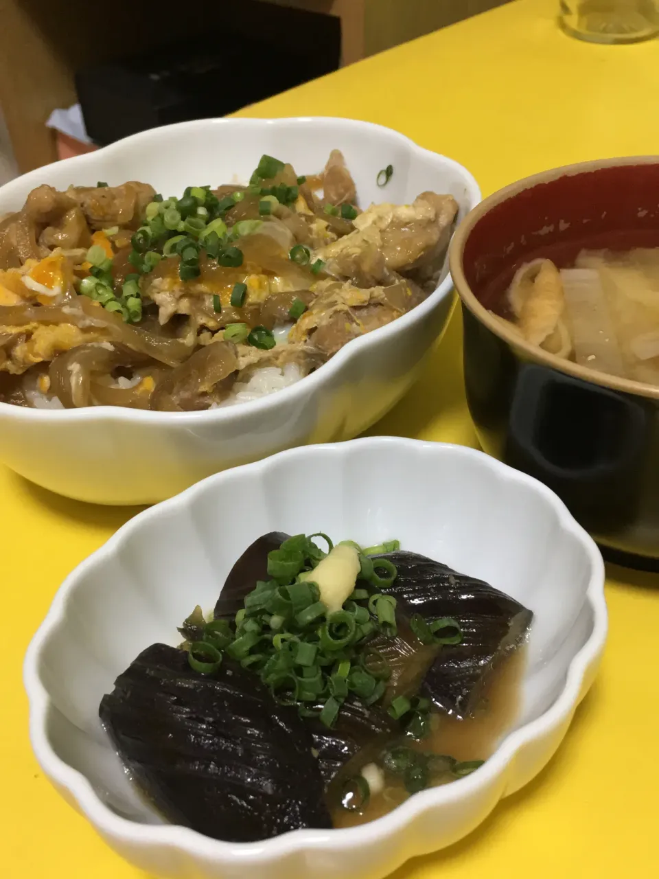 Snapdishの料理写真:ナスの甘辛煮と親子丼|4jemさん