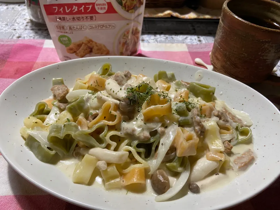 大豆のお肉と新玉ねぎのラブパスタ|ハルのただ飯さん