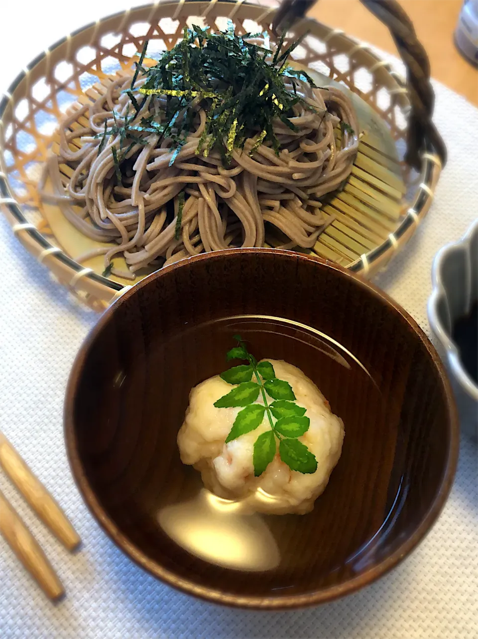 海老しんじょう　ざる蕎麦　だし巻き卵と明太子のお巻き|エトフさん