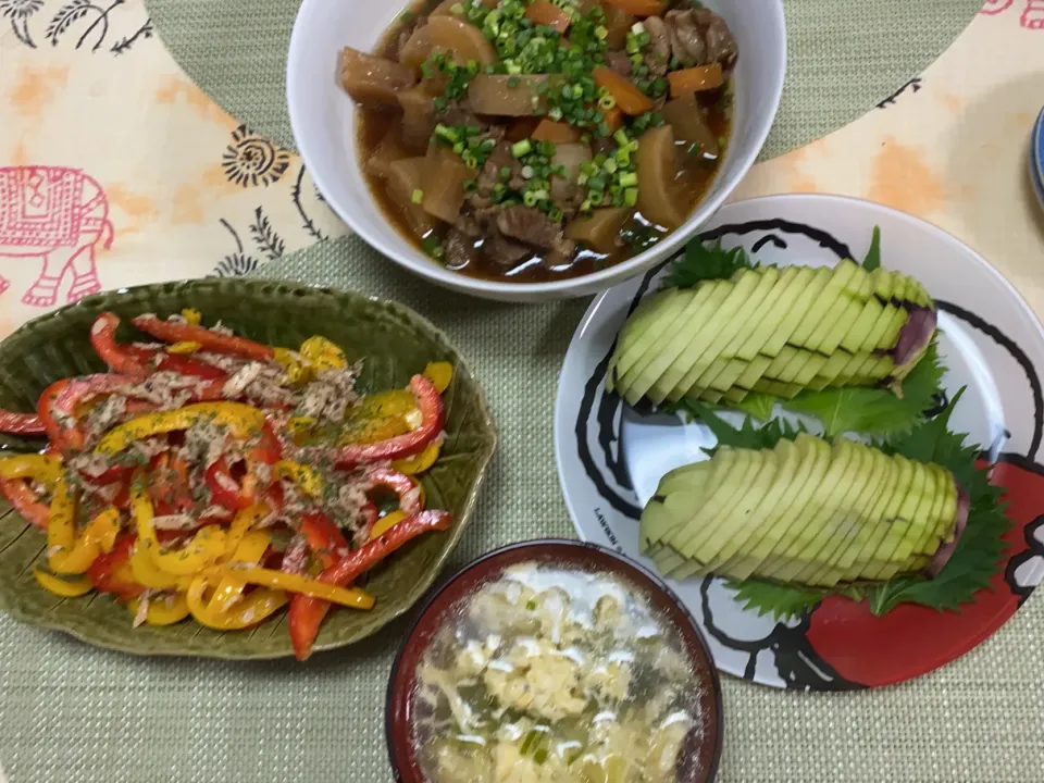 牛すじと大根の煮込み、水なす刺し、パプリカツナマリネ、ネギと卵のスープ|peanutsさん