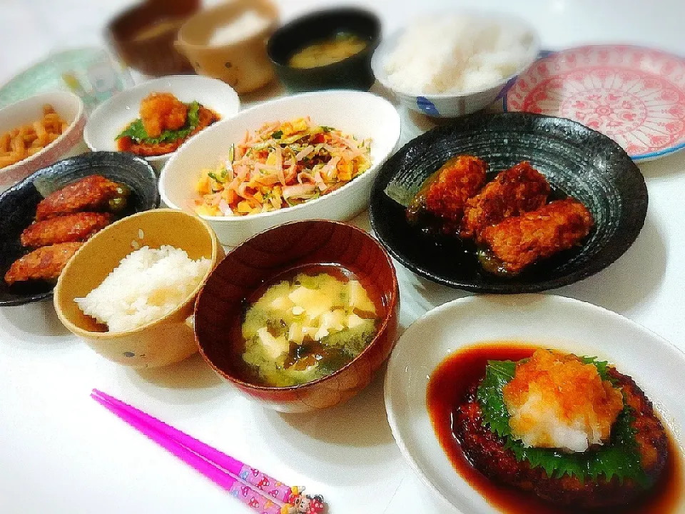 夕食(^ー^)
ピーマン肉詰め
和風ハンバーグ
春雨サラダ
銀だら煮付け
ごぼう醤油漬け
お味噌汁(豆腐、ワカメ、小ネギ)|プリン☆さん