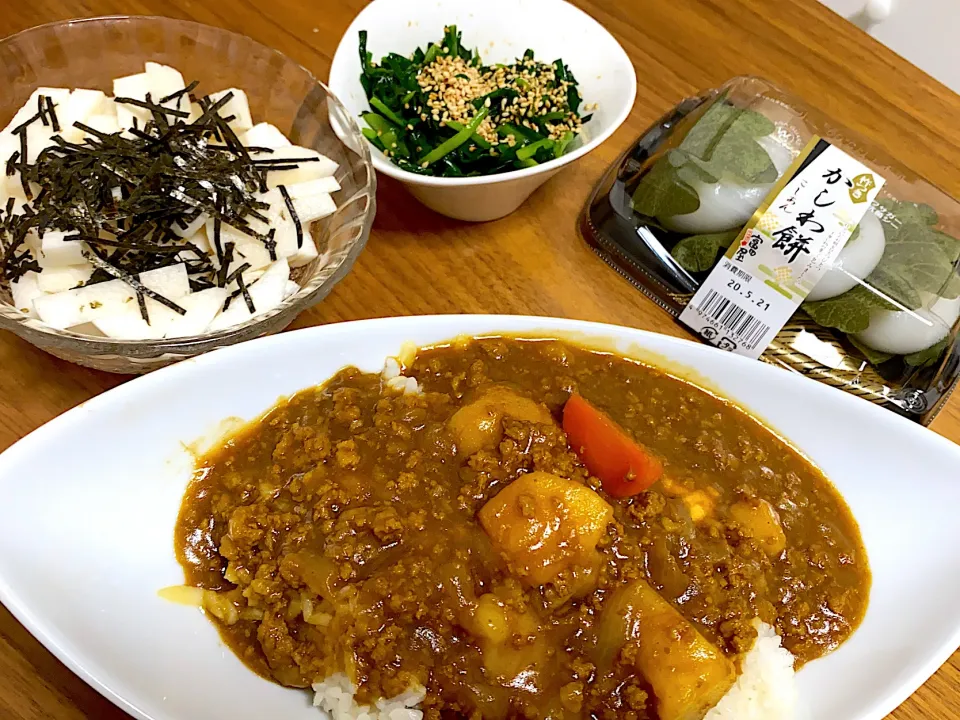 カレー、山芋短冊、ニラのおひたし|aico☆さん