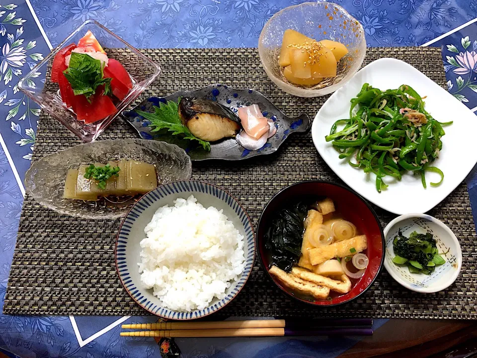 Snapdishの料理写真:福岡の郷土料理おきゅうと、鰆の西京焼き、ししとうのさくらえびジャコ炒め、大根の煮物、トマト、味噌汁、野沢菜漬け|ちゃちゃ💐さん