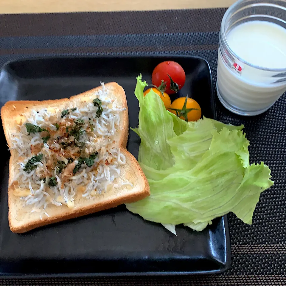 Mikiままさんの料理 釜揚げしらすのオープンサンド🌱👀💞ほかにマヨネーズとシュガーを混ぜて塗り焼いたパンもいただきました💞😚😊💕|ファニーさん