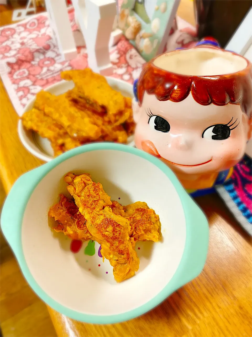 手掴み食べシリーズ♡納豆とかぼちゃのカッテージチーズスティックおやき(青のり入り)。|ぽき。さん