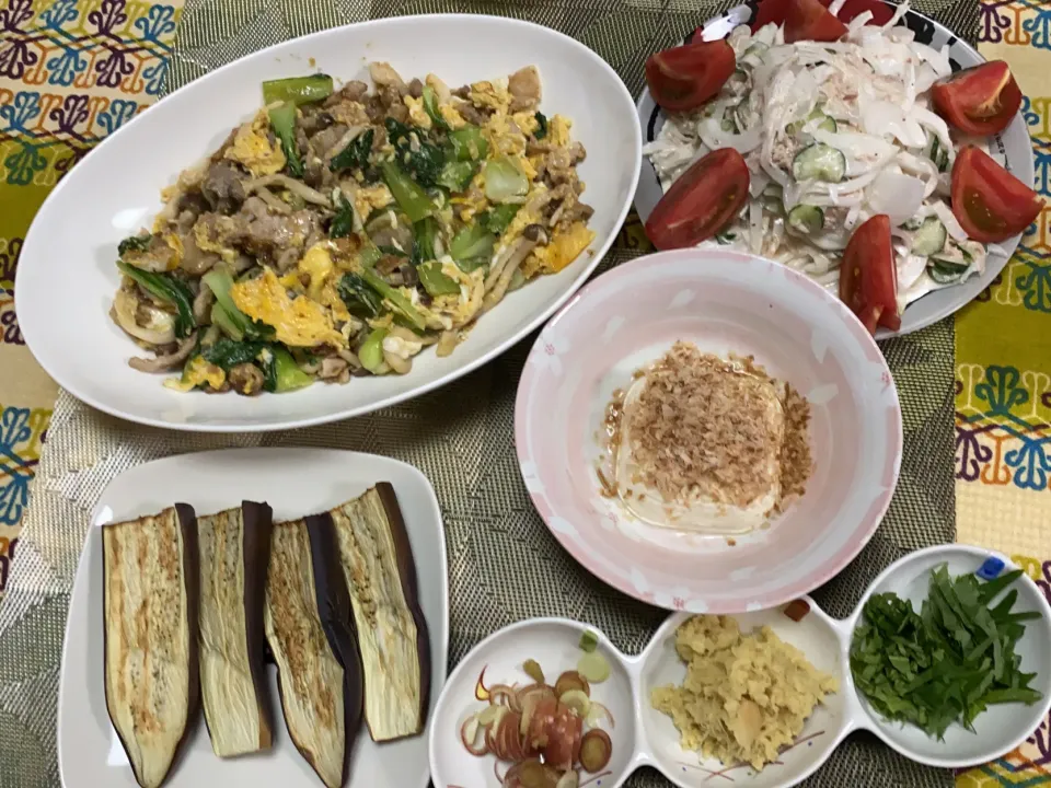 Snapdishの料理写真:青梗菜と豚肉の卵炒め、新玉ねぎのツナサラダ、焼きなす！冷奴|peanutsさん