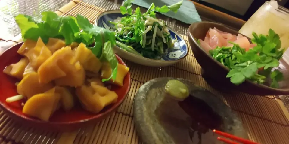 筍崎陽軒風、びんちょうまぐろ角山セリ添え、山セリモヤシのナムル、ハイボール♪|miyuki🌱さん