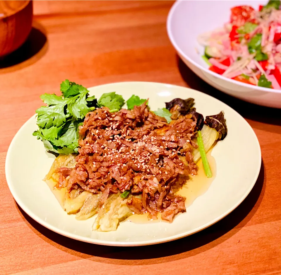 焼きナスの豚ネギ油あえ|ヨシュアさん