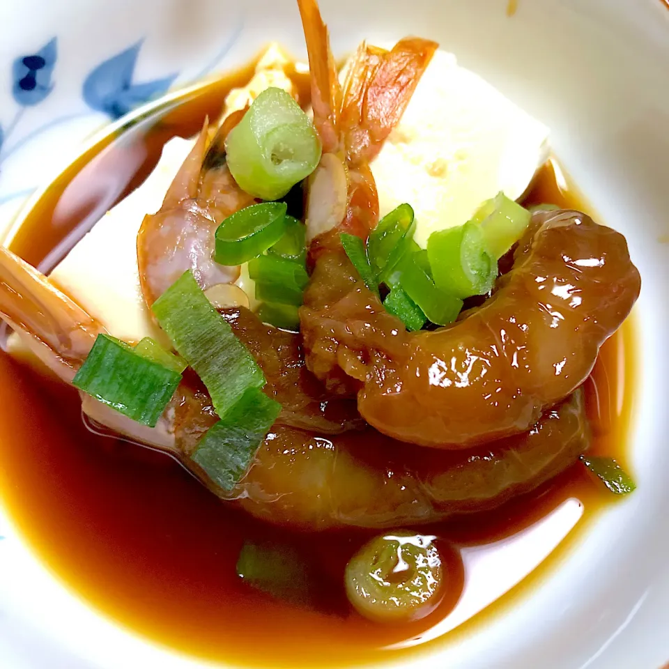 赤エビの醤油漬けと蒸し豆腐|のろさん