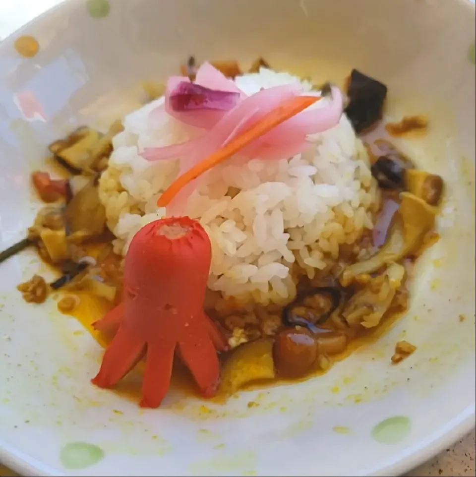 三種のキノコとキクラゲのポークキーマカレーwithタコさんウインナー🐙
(椎茸、舞茸、ナメコ)|ふじわらたくやさん