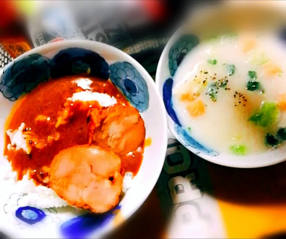 Today's lunch〜焼豚カレーとクリームシチュー👍🥃カンパーイ🎶🥃|ペンギンさん