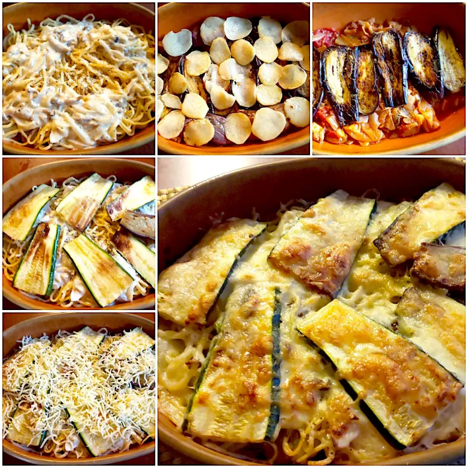 Le Gratin🔥 鯖のお野菜たっぷりﾄﾏﾄｿｰｽ&しめじのﾍﾞｼｬﾒﾙｿｰｽで茄子&ｽﾞｯｷｰﾆ,ﾎﾟﾃﾄdeﾊﾟｽﾀのｸﾞﾗﾀﾝ|🌈Ami🍻さん