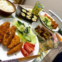 Snapdishの料理写真:ささみカツ、椎茸のチーズマヨ焼き、ナスの南蛮漬け|うーちゃんさん