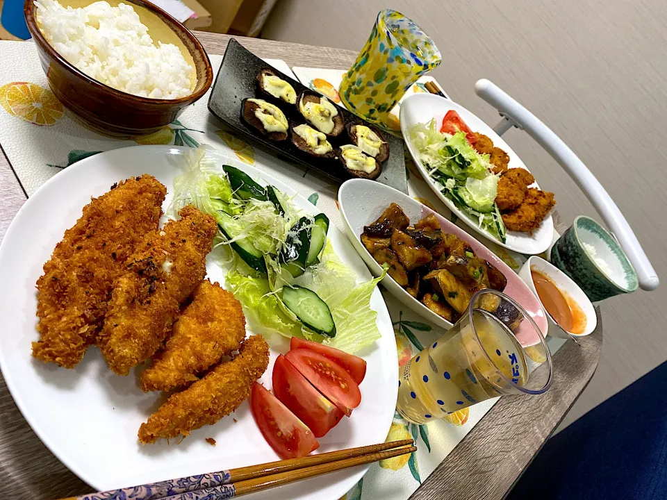 Snapdishの料理写真:ささみカツ、椎茸のチーズマヨ焼き、ナスの南蛮漬け|うーちゃんさん