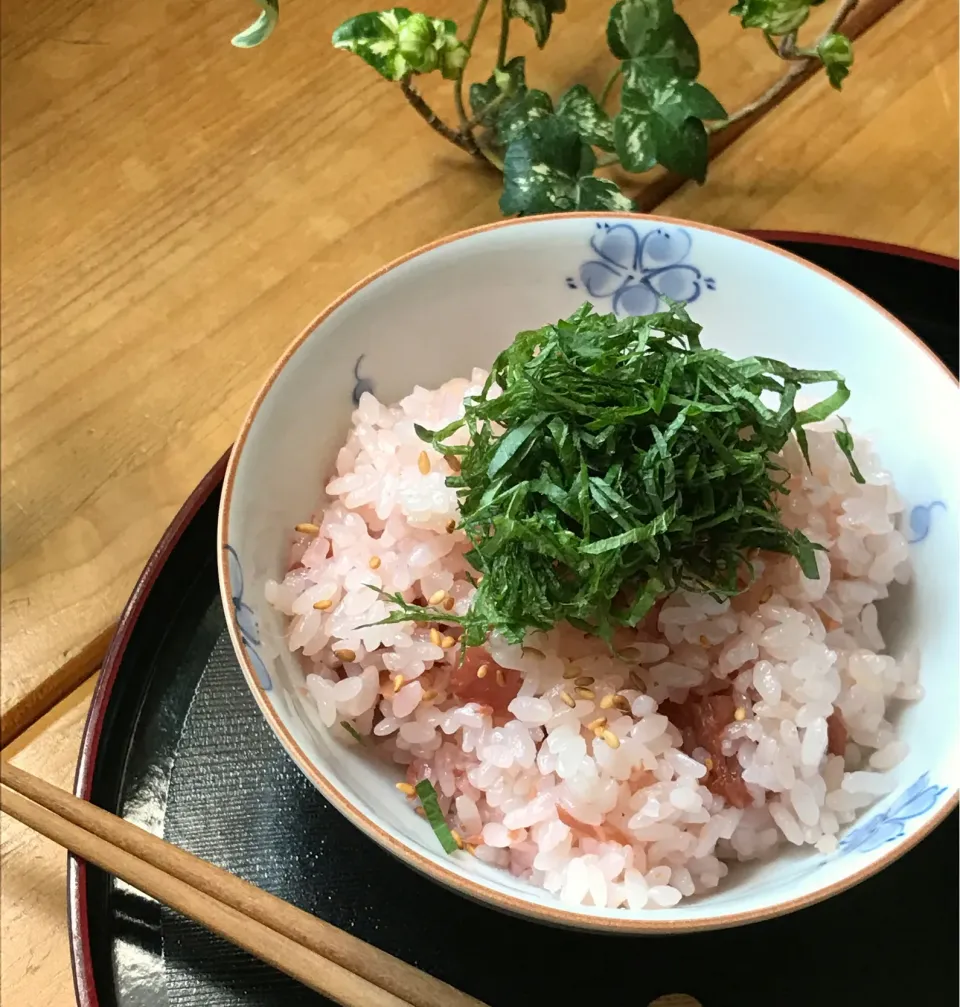 ☂️梅雨入り時期になりましたね🌂蒸し暑くて食欲落ちる日でも　サッパリ箸が進む自家製梅干し炊き込みご飯は　うっすらピンク色🍚🥢|Hollyさん