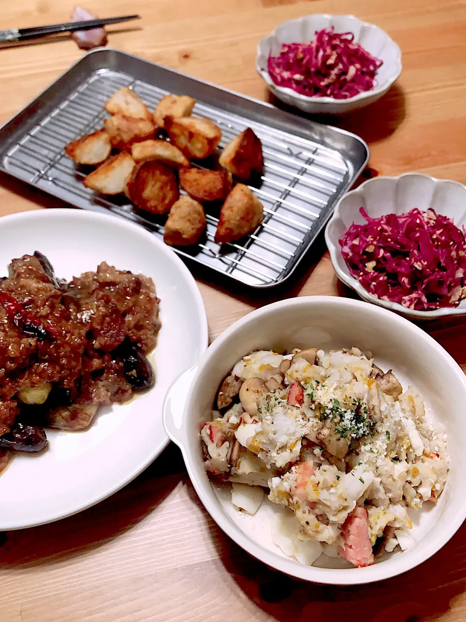 里芋ポテサラ、茄子肉味噌乗せ、ポテトフライ|natsukiさん