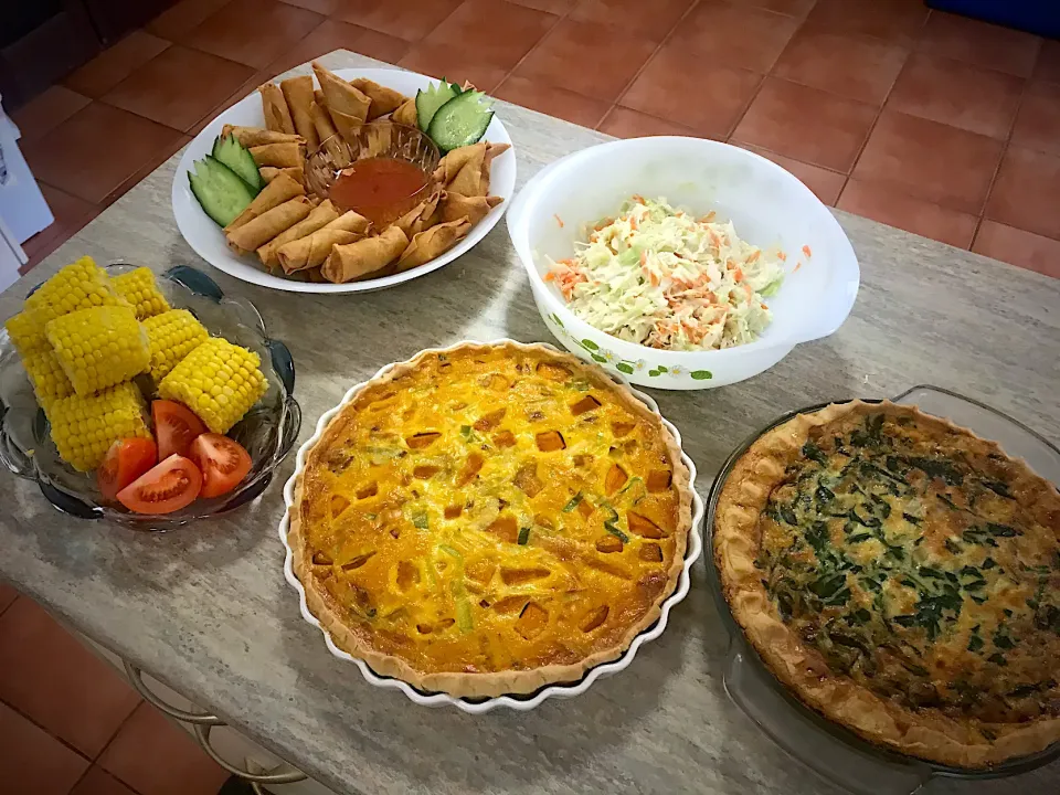 Snapdishの料理写真:Lunch for today pumpkin leek quiche#spinachonoins quiche l#vegetable mini spring rolls # coleslaw #sweetcorn|Babyluv Cabrera Ocampoさん