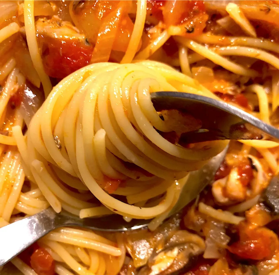 Snapdishの料理写真:イワシ缶とトマト缶と玉ねぎ煮込み血液さらさらパスタ。生姜とにんにく入れて。みなさんパスタどっち巻き？私は半時計でこれまでの独自調査ではマイノリティ。|バナナ子さん