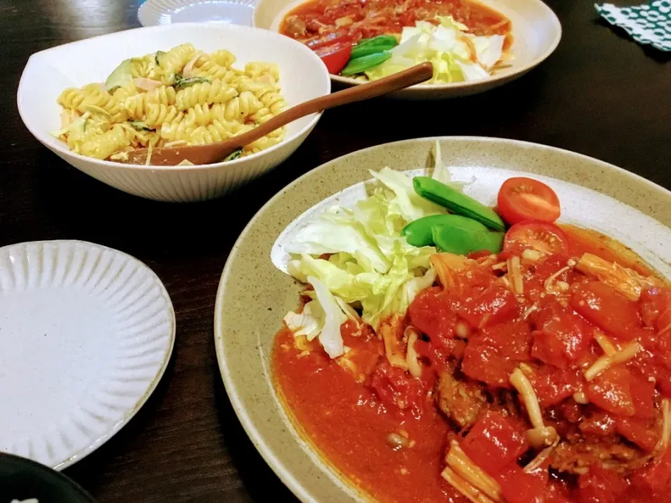 ○ハンバーグのトマト煮込み○マカロニサラダカレーマヨ|おぞもじさん