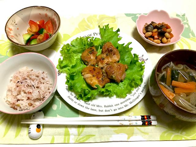 鶏肉のマヨポン炒め 大豆の甘煮 和風野菜スープ トマトときゅうりのマリネ 五穀米 りな Snapdish スナップディッシュ Id Azefwa